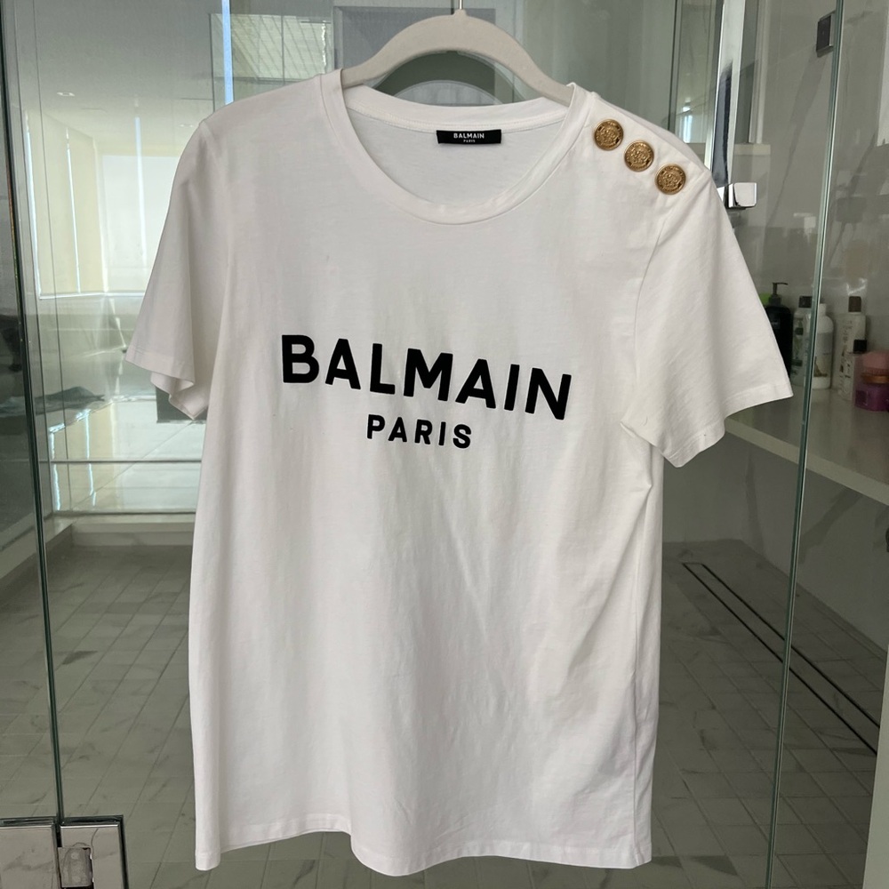 Balmain White Tee with Gold Accents